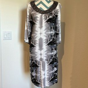 Vertigo Paris tie dyed dress, black, grey, beaded & jeweled neckline, size Small